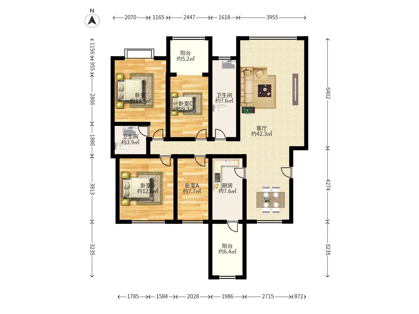 筑梦园 4室2厅2卫 2200.0元/月 筑梦园 4室2厅2卫 2200.0元/月户型图