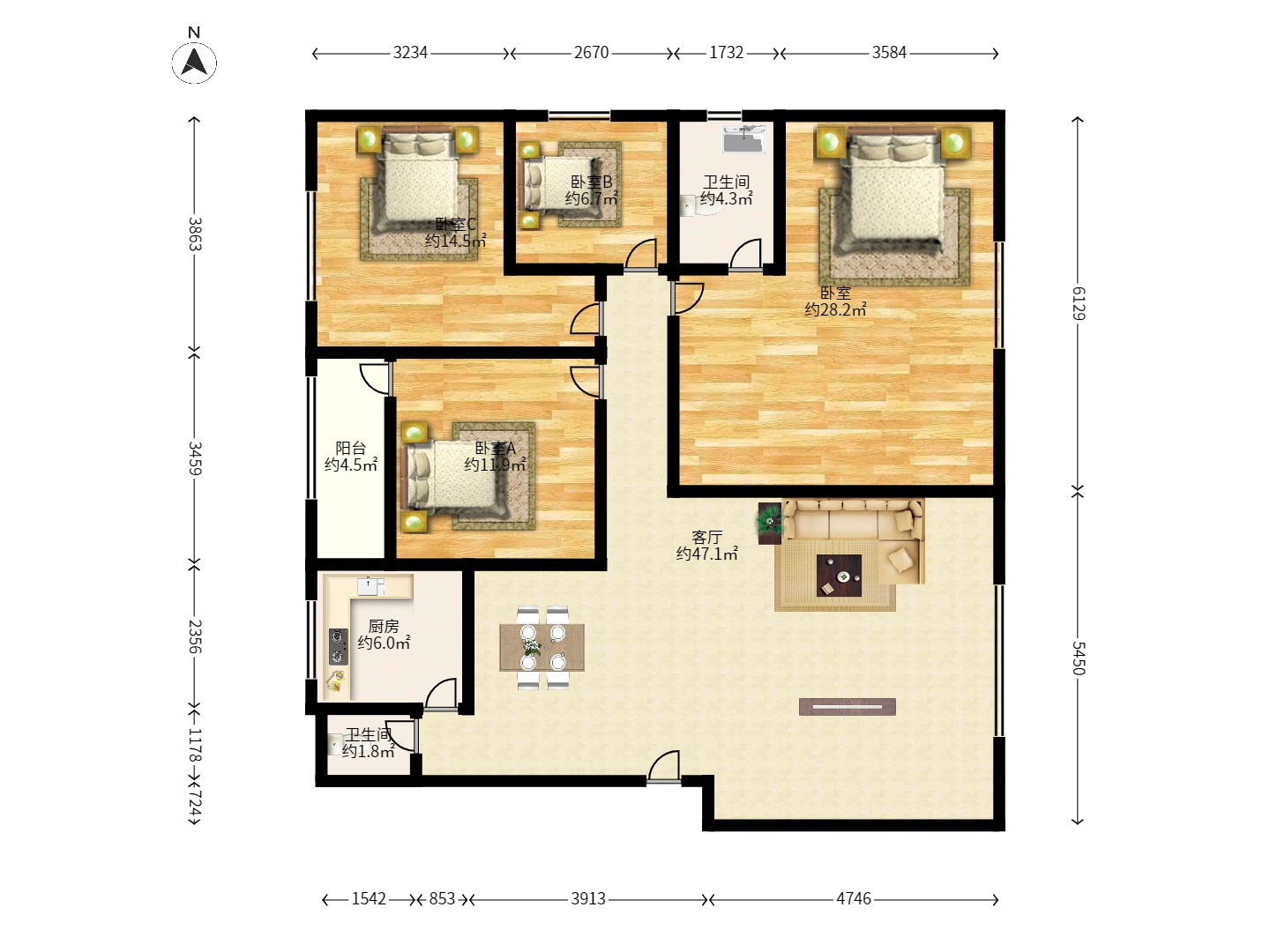 星沙商业步行街 4室2厅2卫 1700.0元/月 星沙商业步行街 4室2厅2卫 1700.0元/月户型图