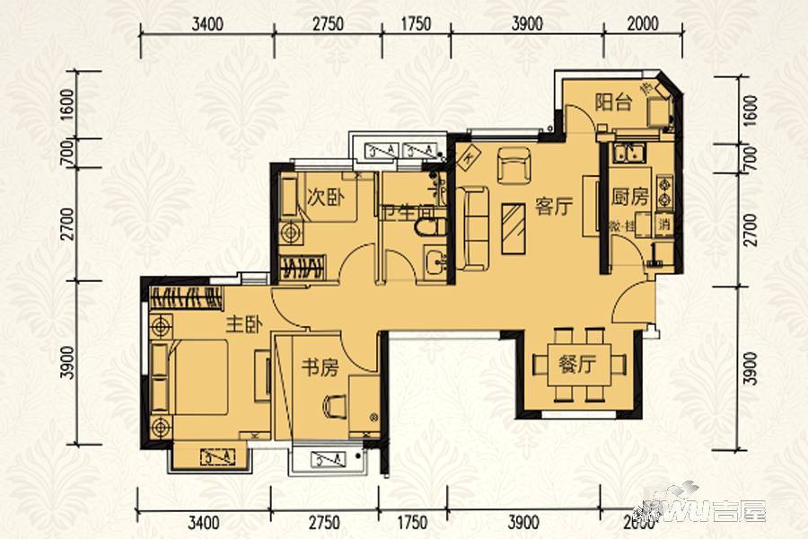 富桥市场  3室2厅1卫   1300.00元/月户型图