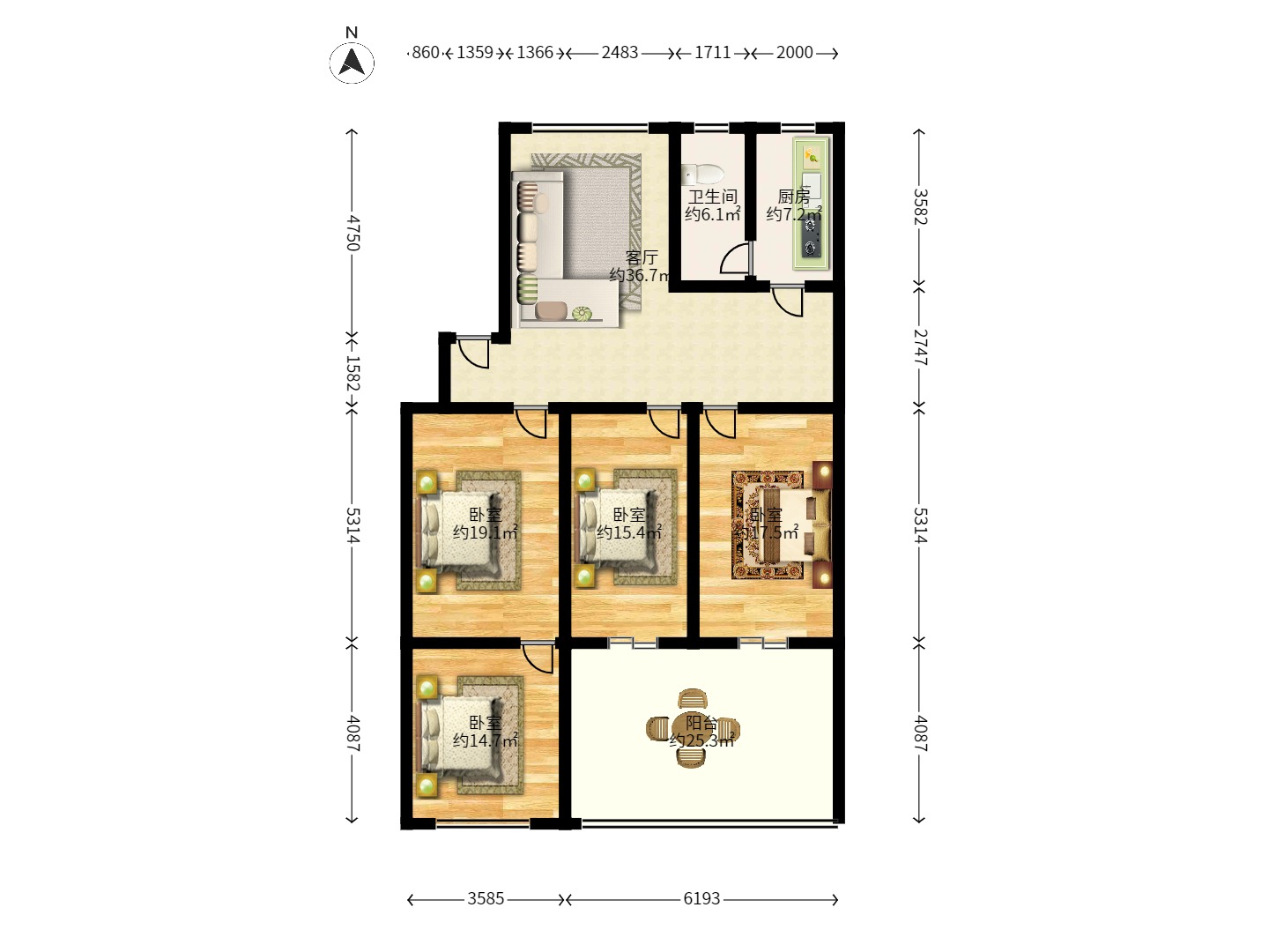 环达公寓  3室2厅2卫    2200.0元/月户型图