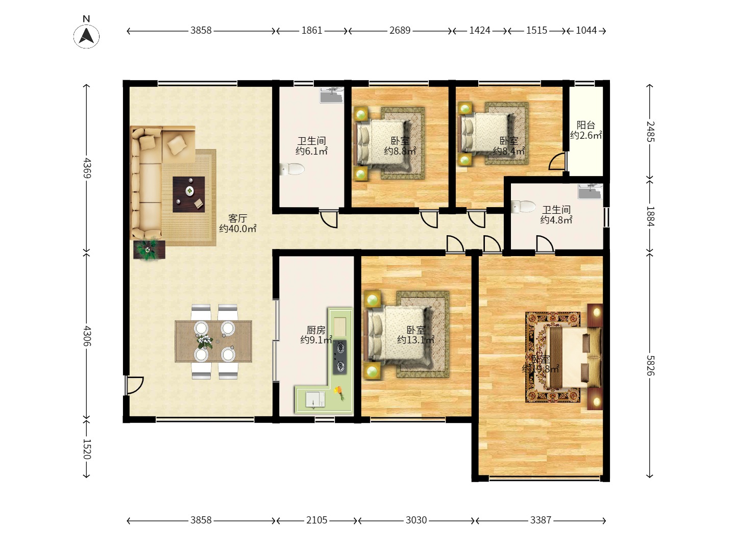 华盛世纪新城 4室2厅2卫 2500.0元/月 华盛世纪新城 4室2厅2卫 2500.0元/月户型图