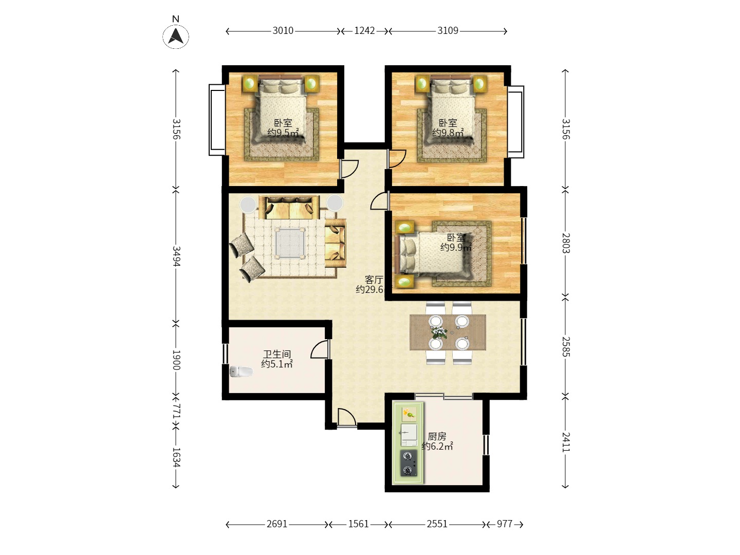 兰亭湾畔 3室2厅1卫 1200.0元/月 兰亭湾畔 3室2厅1卫 1200.0元/月户型图