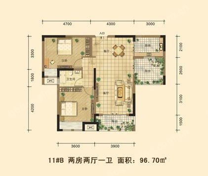工字楼  2室1厅1卫   1800.00元/月户型图