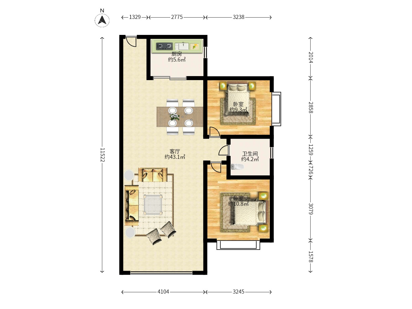 明天一城 2室2厅1卫 1380.0元/月 明天一城 2室2厅1卫 1380.0元/月户型图