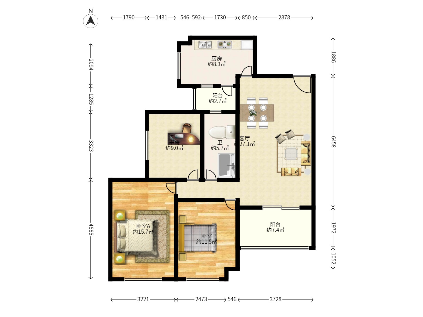 恒大翡翠华庭  3室2厅1卫   2200.00元/月户型图