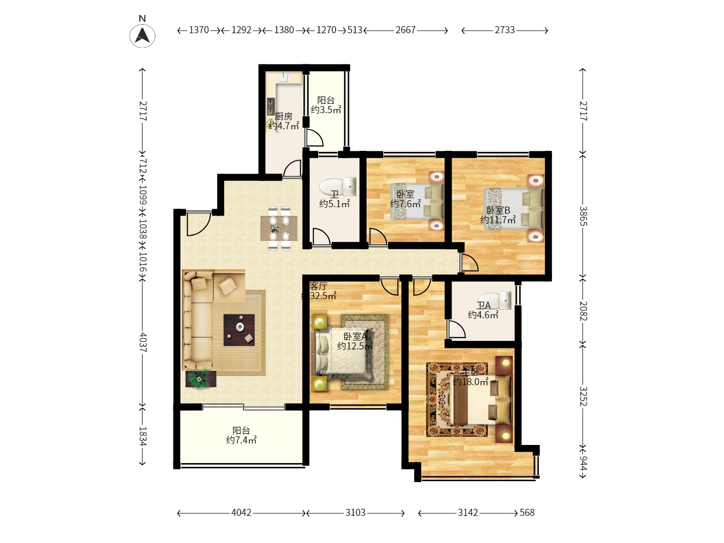 恒大城 4室2厅2卫 3000.0元/月 恒大城 4室2厅2卫 3000.0元/月户型图