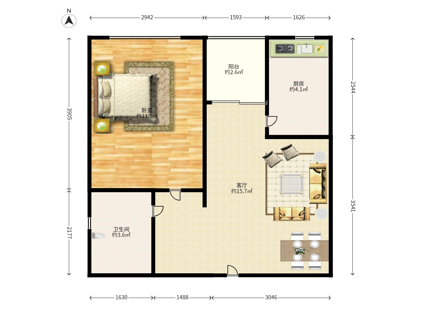 光明城市（星辰青年城）  1室1厅1卫   1200.00元/月户型图