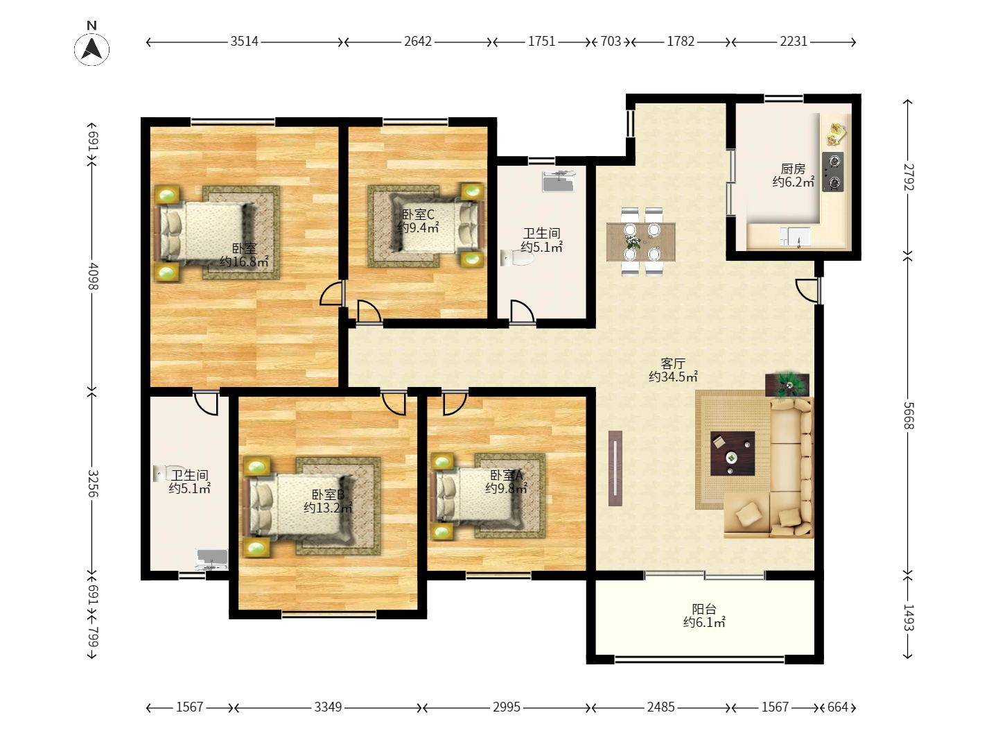 湘水熙园 4室2厅1卫 1100.0元/月 湘水熙园 4室2厅1卫 1100.0元/月户型图