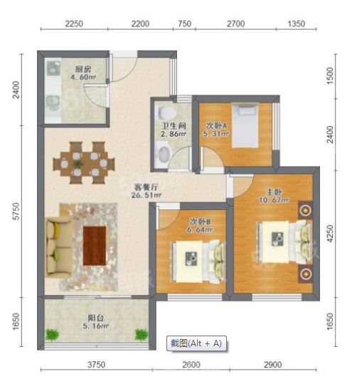 南湖国际4期  3室2厅1卫   2800.00元/月户型图