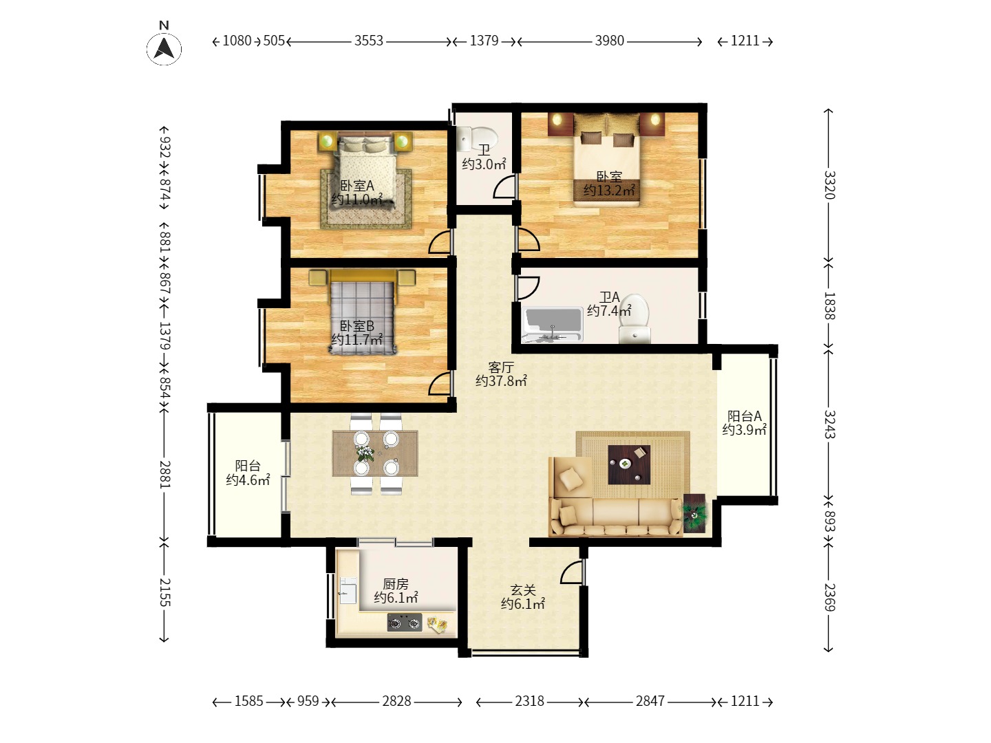 东门尚苑 3室2厅2卫 1600.0元/月 东门尚苑 3室2厅2卫 1600.0元/月户型图