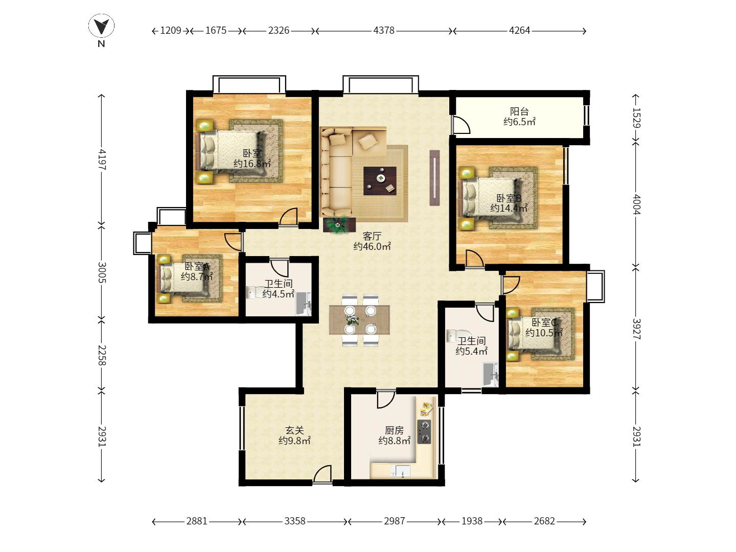 和卉家园 3室2厅1卫 4500.0元/月 和卉家园 3室2厅1卫 4500.0元/月户型图