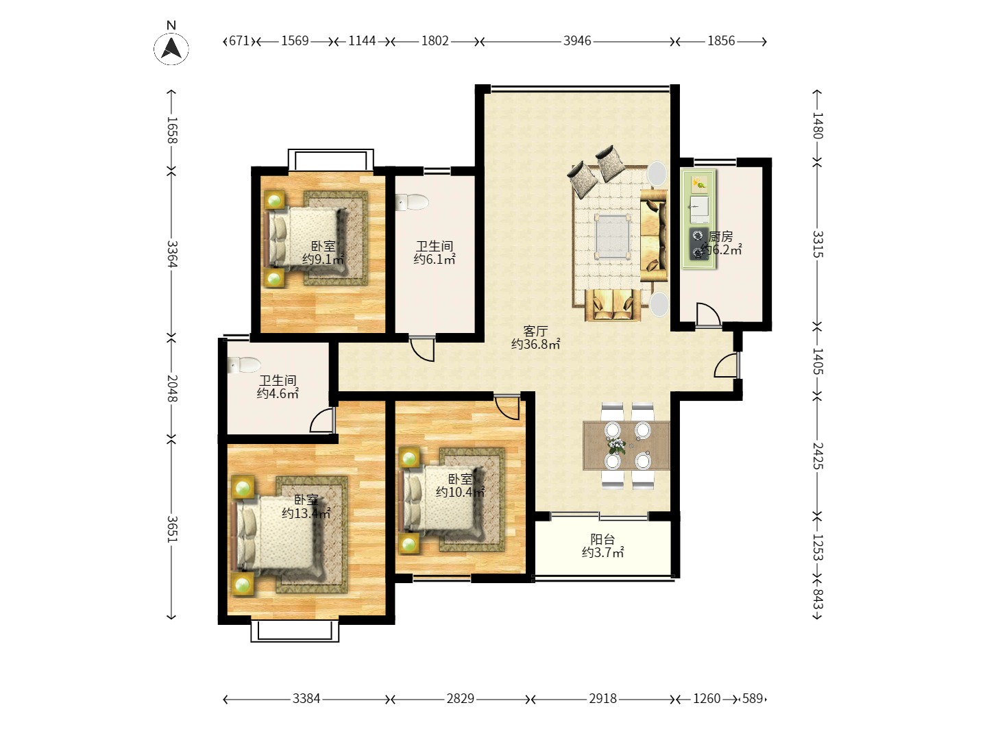 上海城小区 3室2厅1卫 2000.0元/月 上海城小区 3室2厅1卫 2000.0元/月户型图