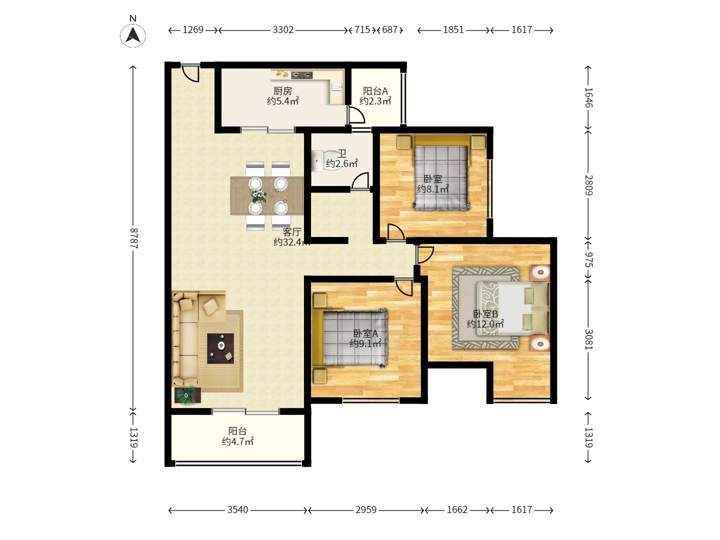 佳兆业君汇上品 3室2厅1卫 2000.0元/月 佳兆业君汇上品 3室2厅1卫 2000.0元/月户型图