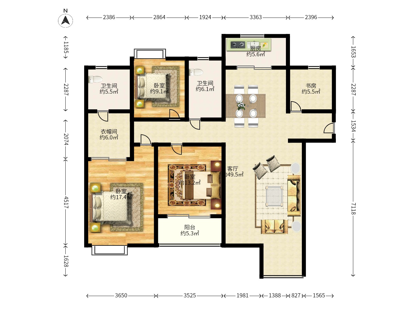 嘉华城(一期) 3室2厅2卫 2500.0元/月 嘉华城(一期) 3室2厅2卫 2500.0元/月户型图
