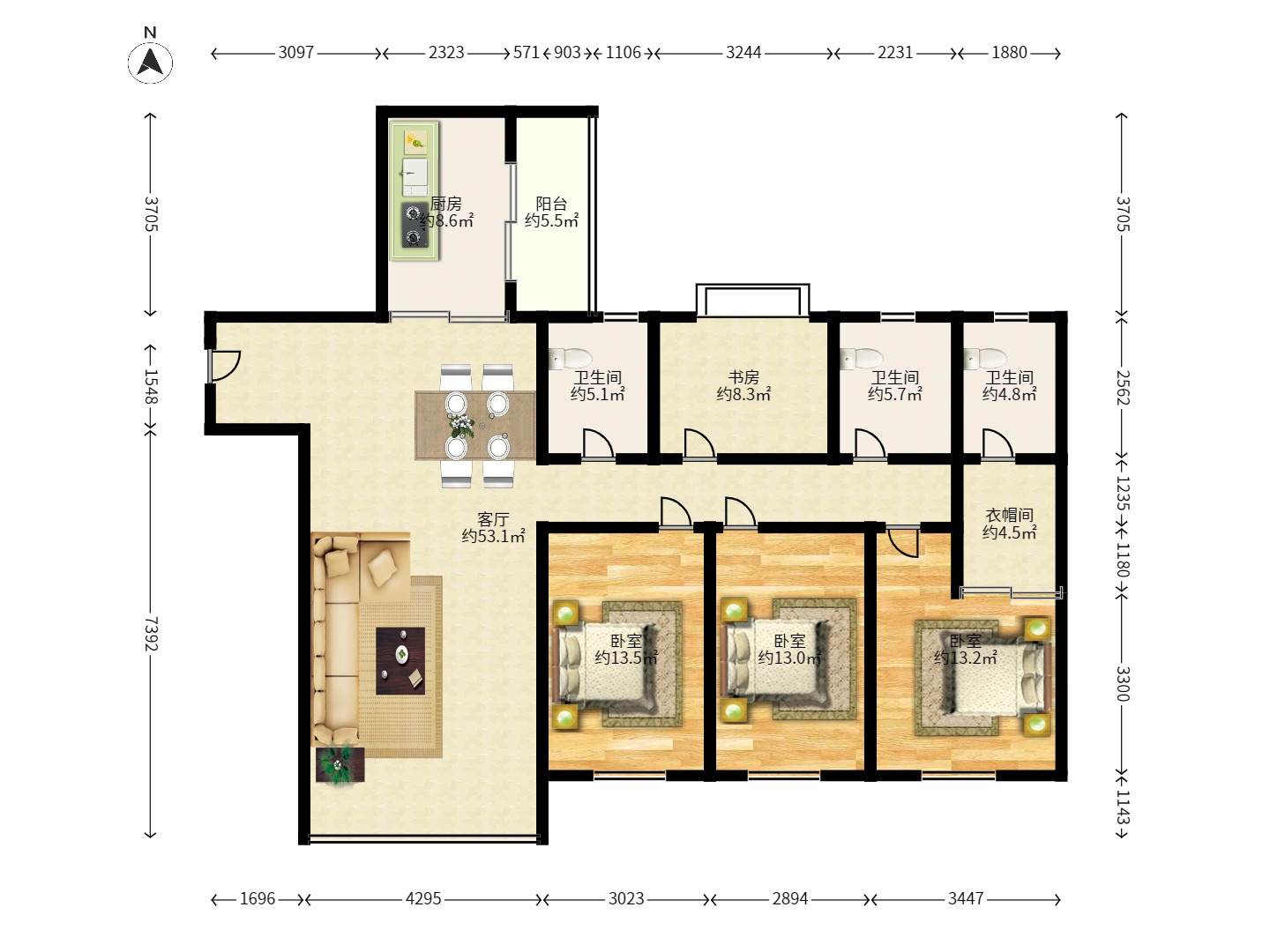 恒大城  3室2厅2卫    2600.0元/月 恒大城  3室2厅2卫    2600.0元/月户型图