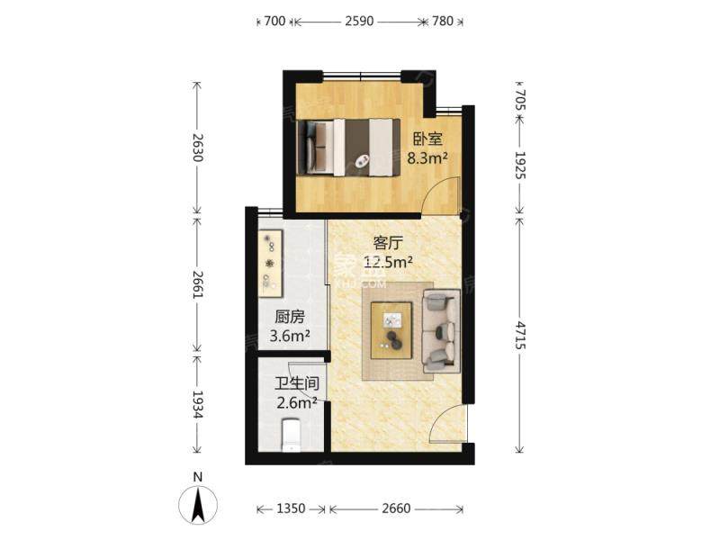 桃花仑工商银行家属区  2室2厅1卫   850.00元/月户型图