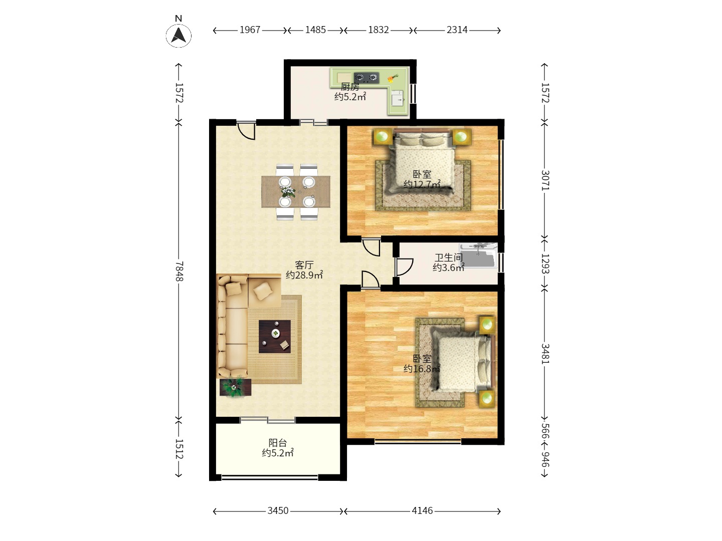 湘麓国际 2室2厅1卫 2000.0元/月 湘麓国际 2室2厅1卫 2000.0元/月户型图