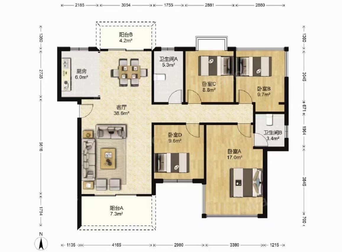 菊苑东区  4室2厅2卫   1450.00元/月户型图