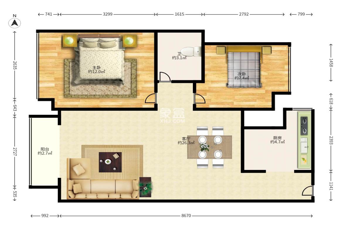 华天LOHO小镇 2室2厅1卫 1350.0元/月 华天LOHO小镇 2室2厅1卫 1350.0元/月户型图