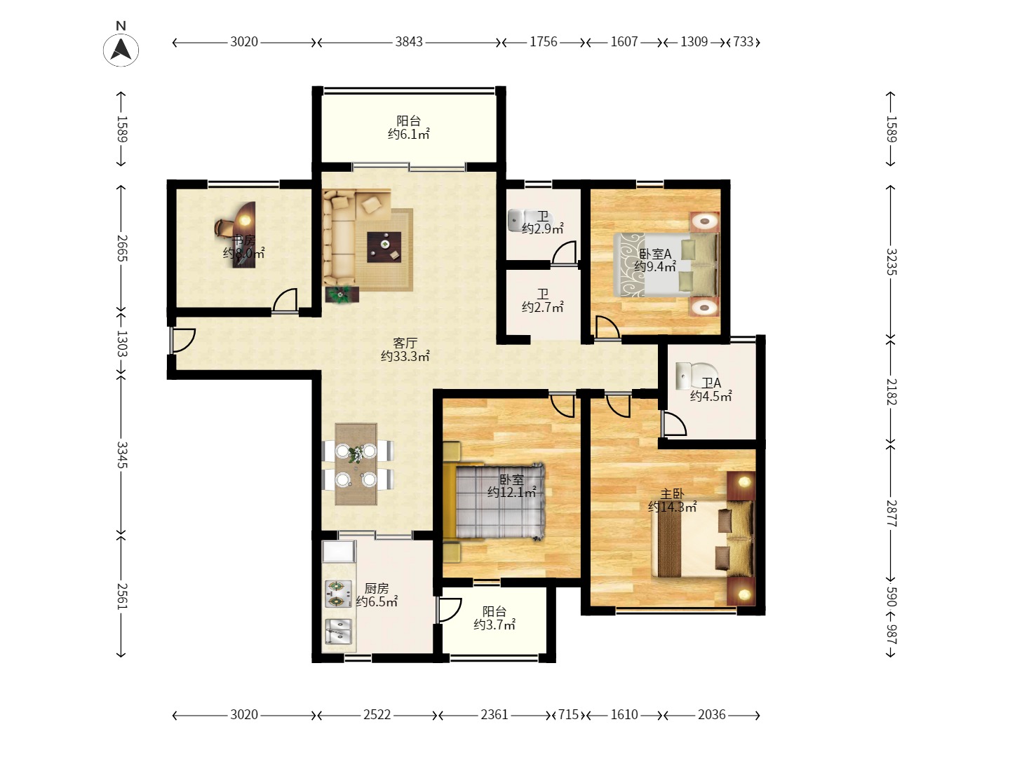 花样年华 4室2厅2卫 2200.0元/月 花样年华 4室2厅2卫 2200.0元/月户型图