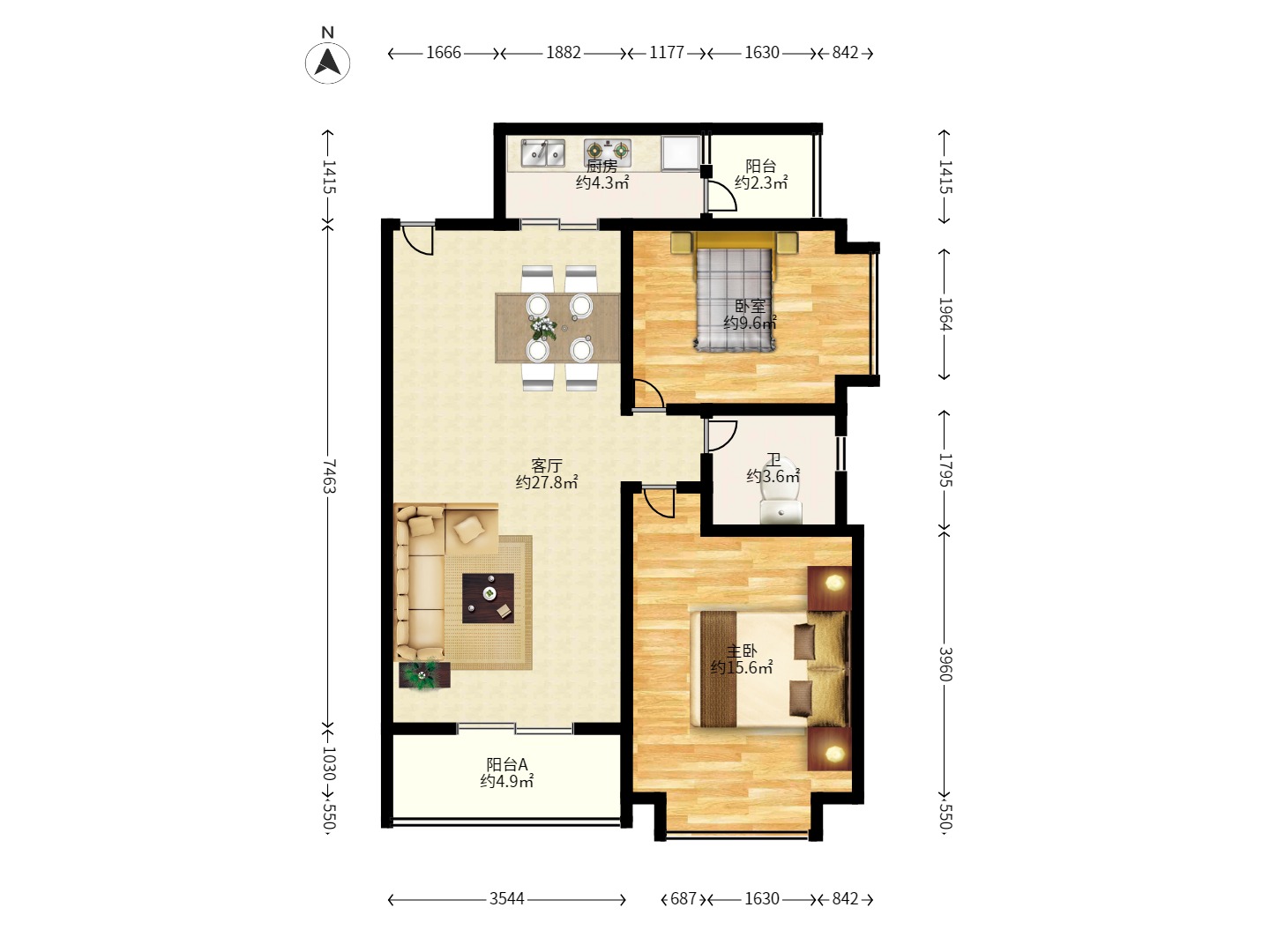 恒大雅苑 2室2厅1卫 2200.0元/月 恒大雅苑 2室2厅1卫 2200.0元/月户型图