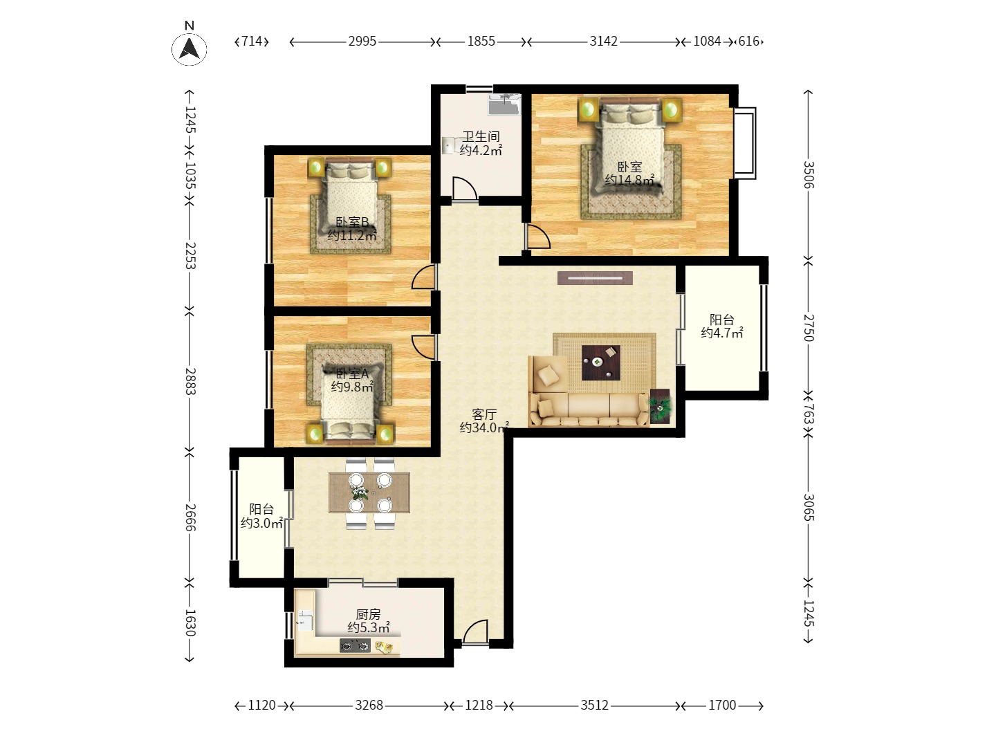 光明城市（星辰青年城）  3室2厅2卫   2200.00元/月户型图
