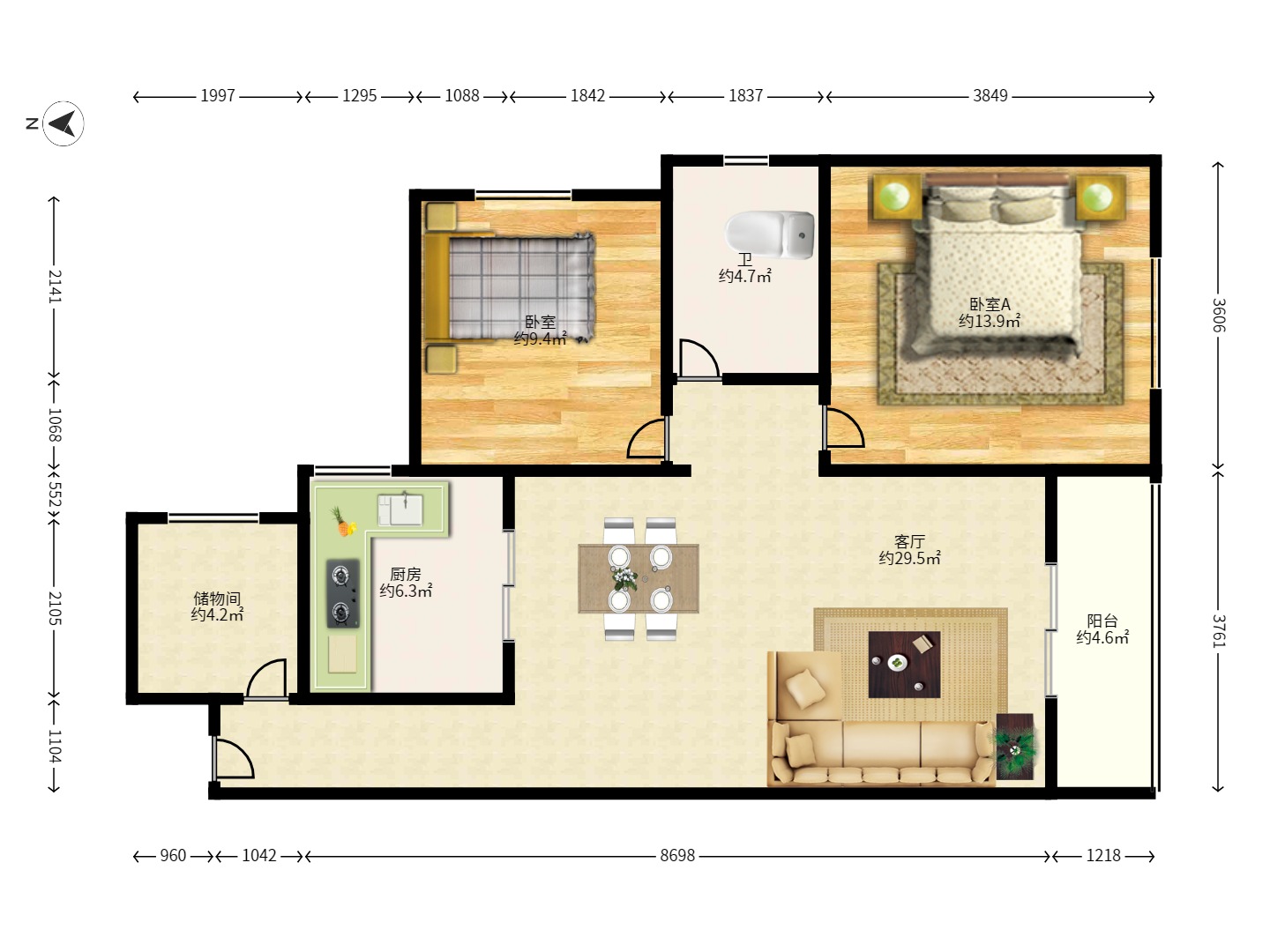 金富星城 2室2厅1卫 1500.0元/月 金富星城 2室2厅1卫 1500.0元/月户型图