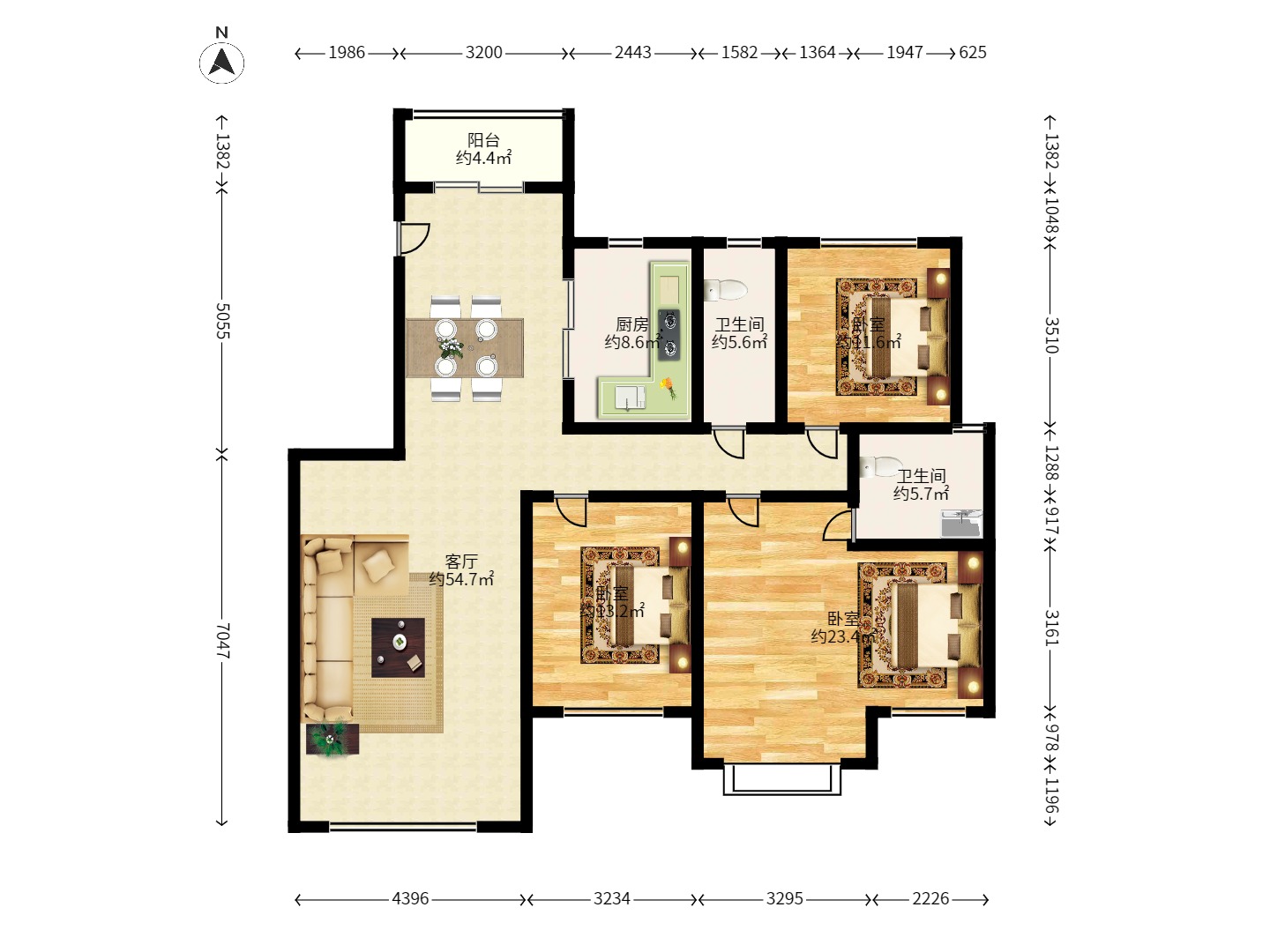 星城福邸(雄天朗郡) 4室2厅2卫 2200.0元/月 星城福邸(雄天朗郡) 4室2厅2卫 2200.0元/月户型图
