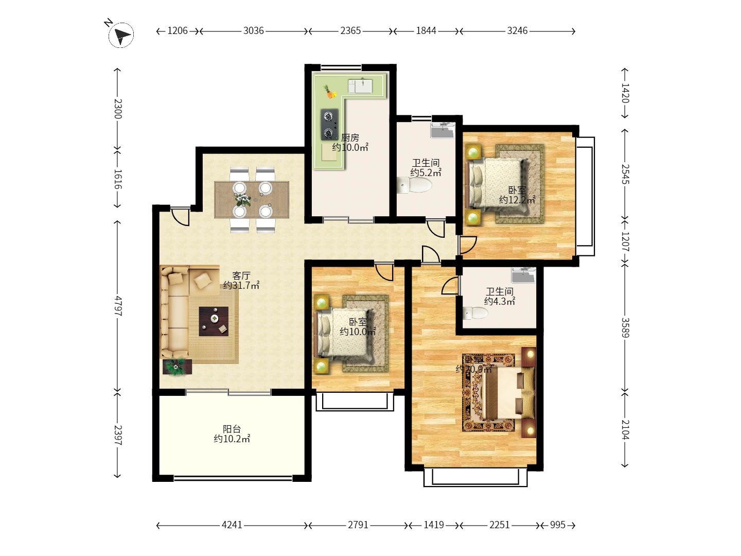 恒大雅苑 3室1厅2卫 2100.0元/月 恒大雅苑 3室1厅2卫 2100.0元/月户型图