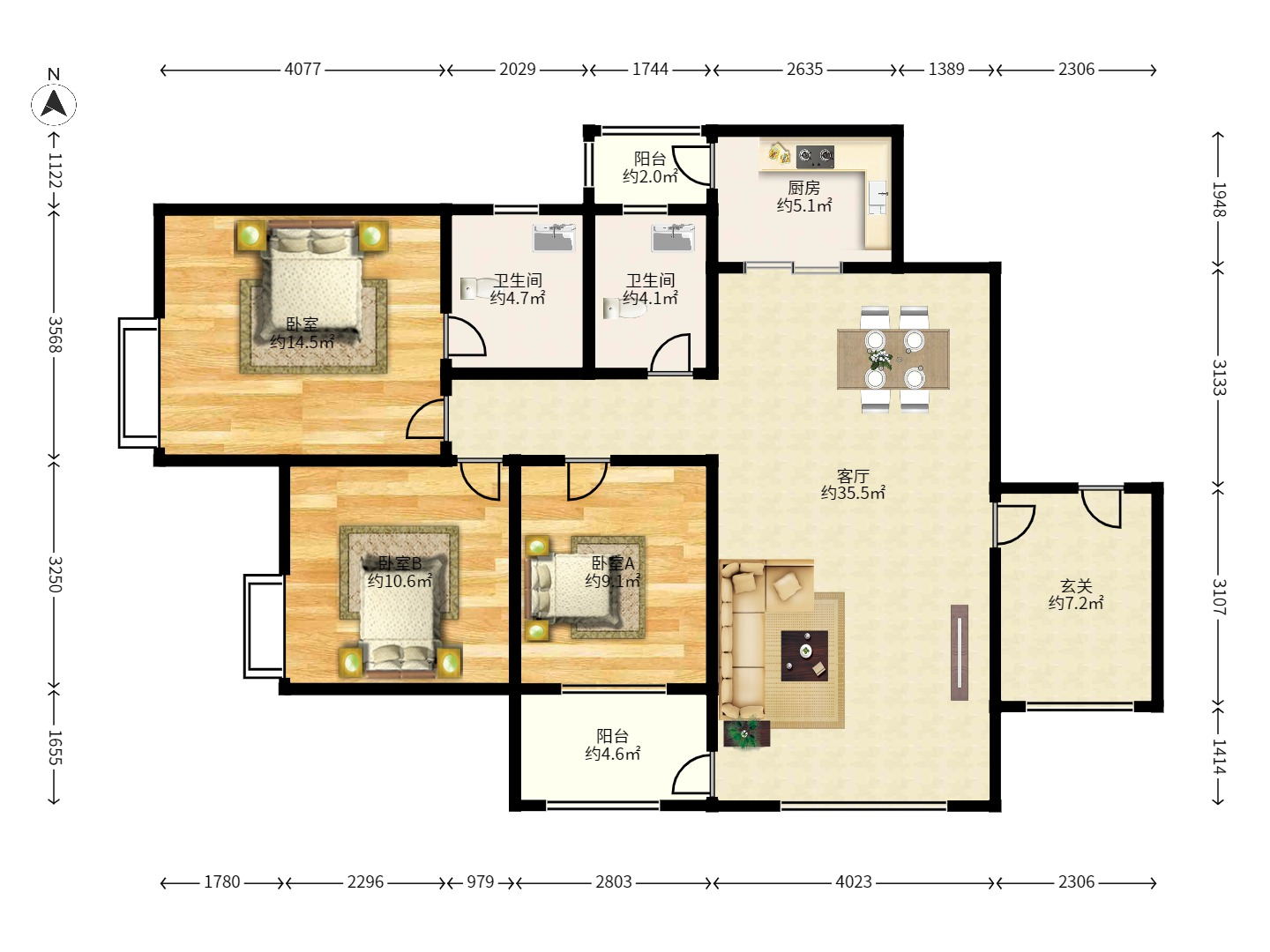 兴威帕克水岸 3室1厅2卫 2500.0元/月 兴威帕克水岸 3室1厅2卫 2500.0元/月户型图