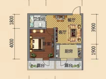 桃花里  1室1厅1卫   1300.00元/月户型图