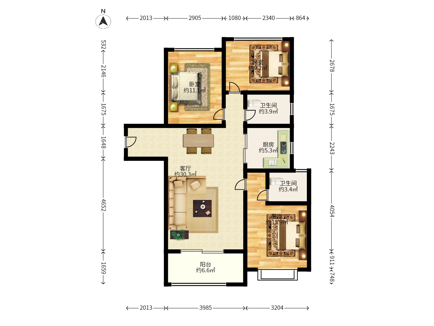 明发国际城  3室2厅2卫    2300.0元/月户型图