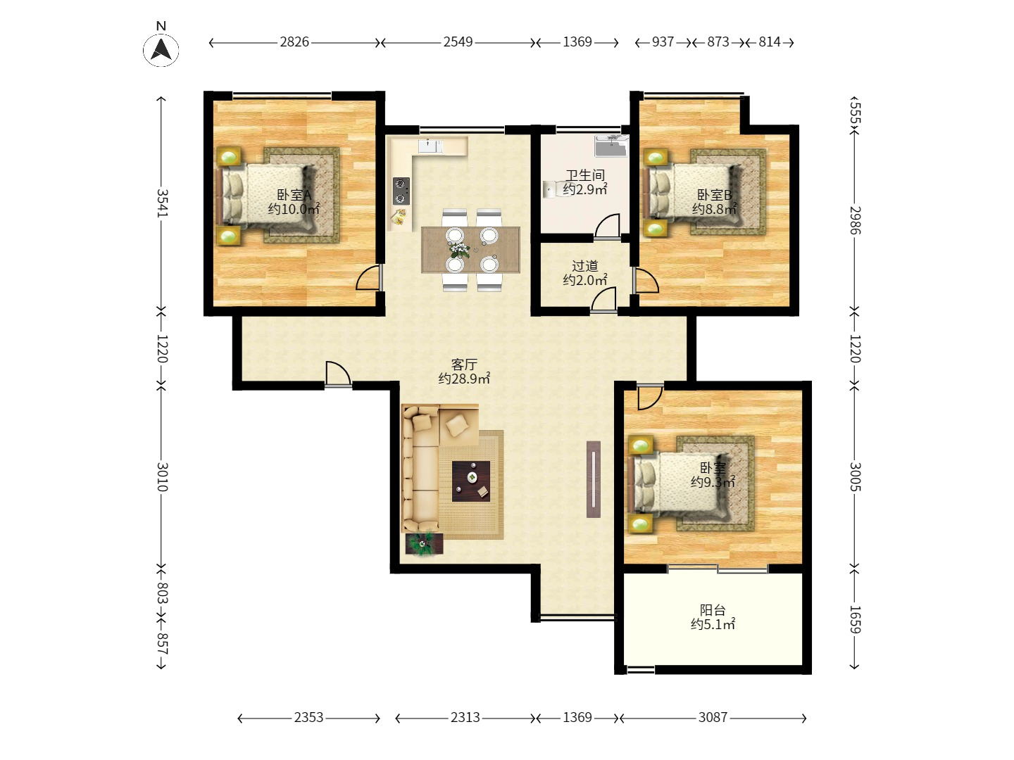 荣盛花语馨苑  3室2厅1卫   2600.00元/月户型图