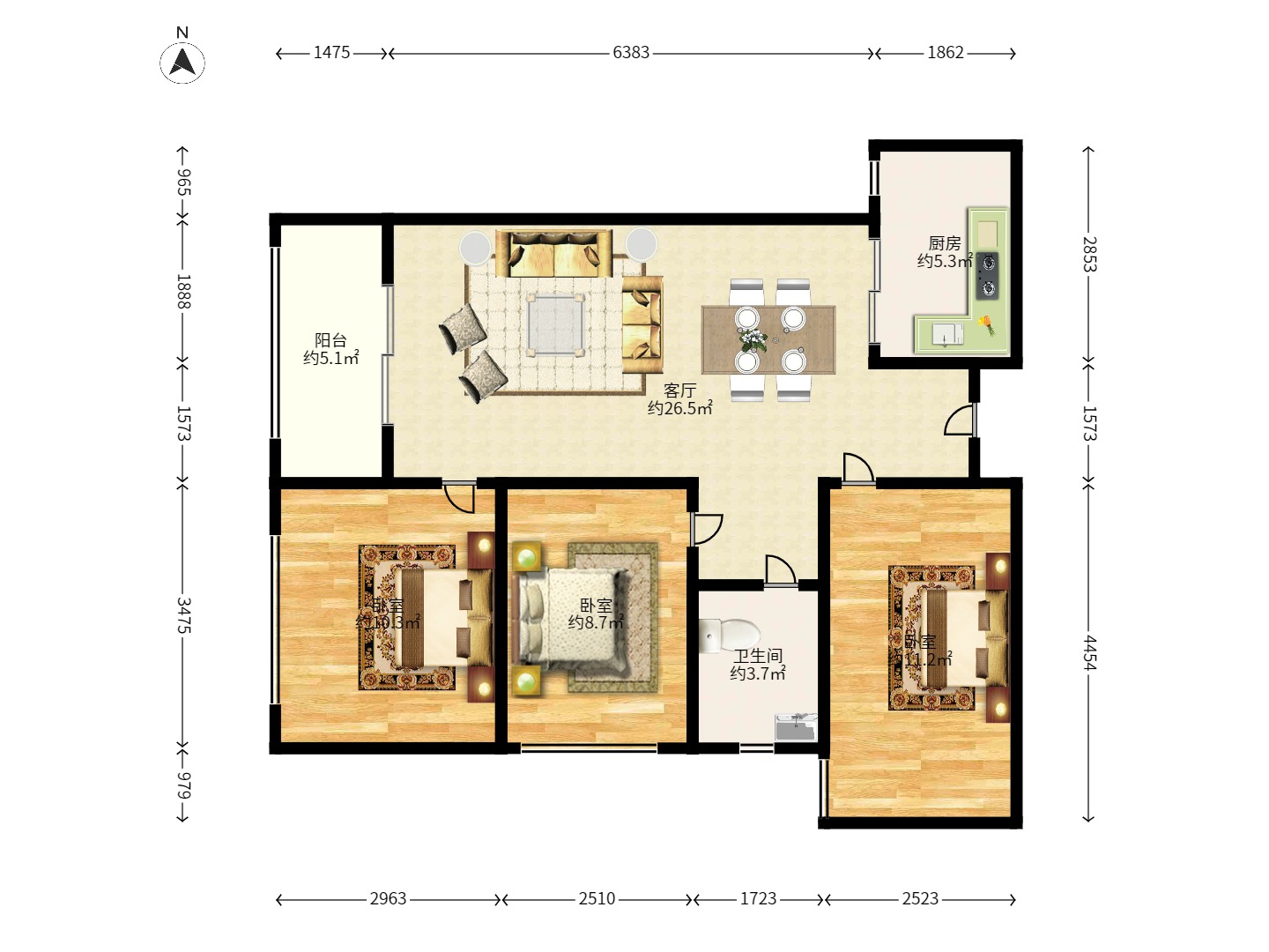 康桥长郡 3室2厅1卫 2000.0元/月 康桥长郡 3室2厅1卫 2000.0元/月户型图