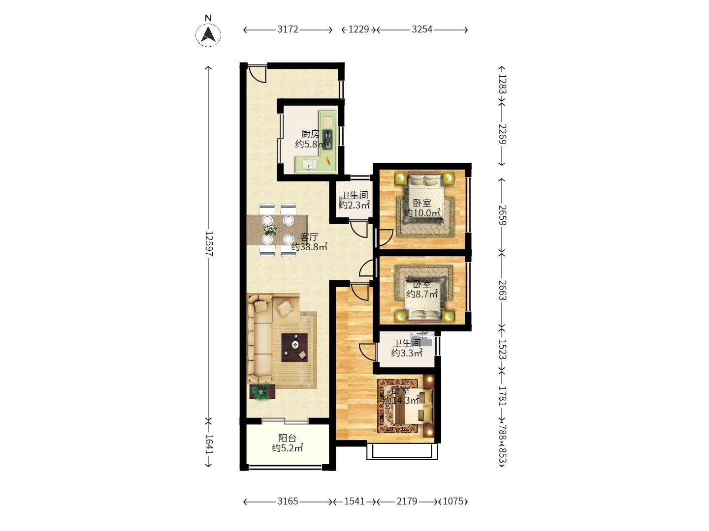 藏珑湖上国际花园 3室2厅1卫 3500.0元/月 藏珑湖上国际花园 3室2厅1卫 3500.0元/月户型图