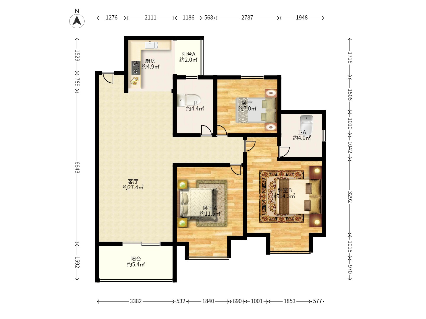 中建梅溪湖中心  3室2厅2卫   3000.00元/月户型图