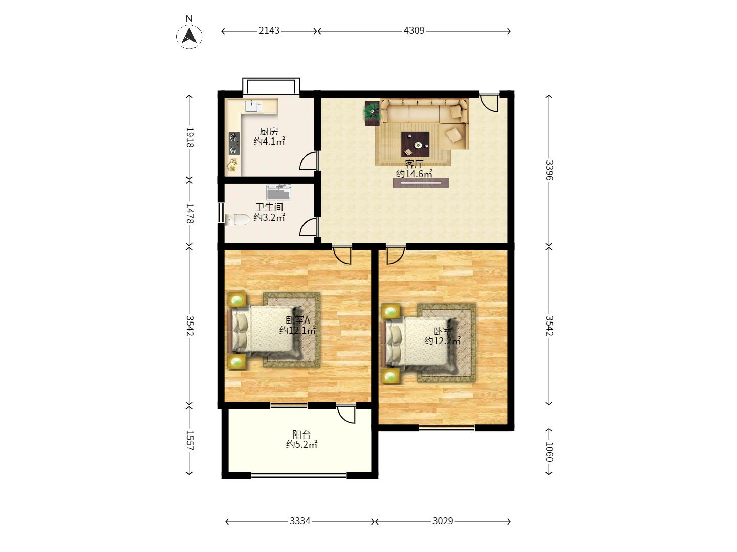 扫把塘集贸市场宿舍 2室1厅1卫 1300.0元/月 扫把塘集贸市场宿舍 2室1厅1卫 1300.0元/月户型图