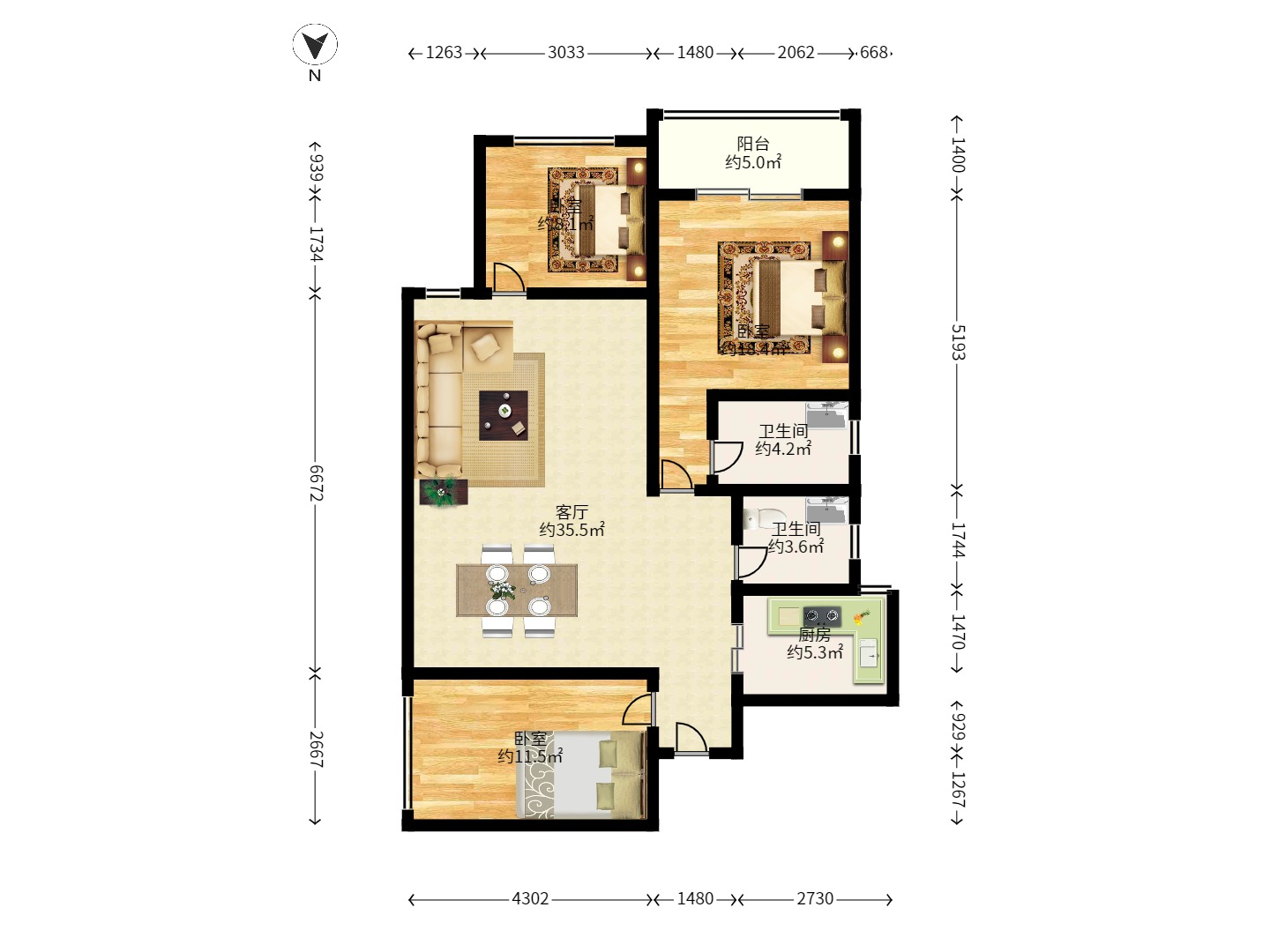 鑫科明珠  3室2厅2卫    2800.0元/月户型图