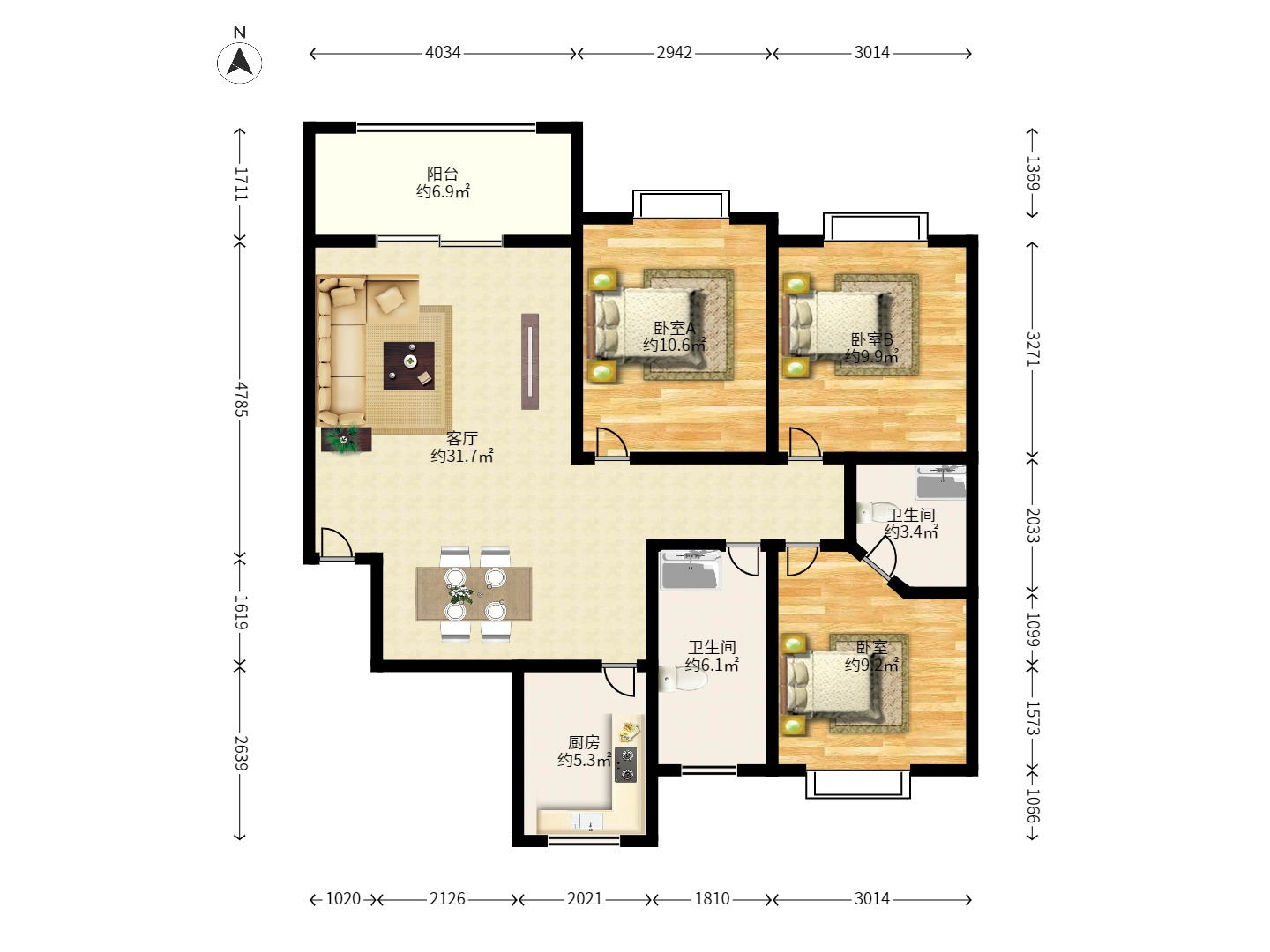 曙光领峰(曙光家园) 3室2厅1卫 2700.0元/月 曙光领峰(曙光家园) 3室2厅1卫 2700.0元/月户型图