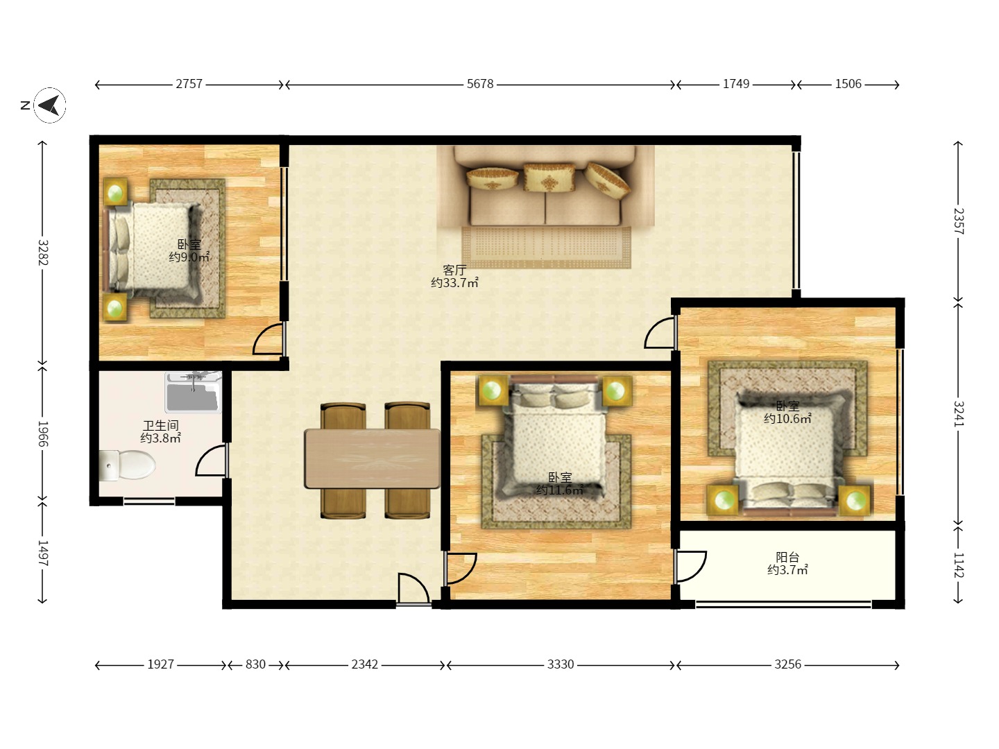 建鸿达现代公寓  3室2厅1卫    105.9万户型图