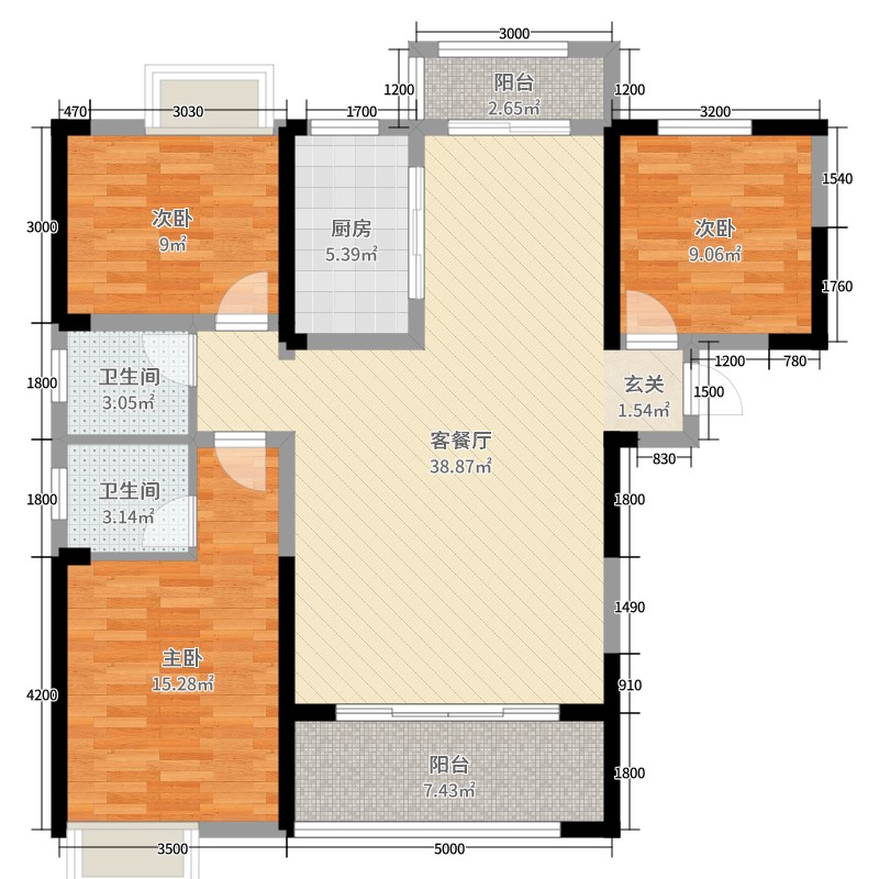 电信新村  3室2厅1卫   2000.00元/月户型图