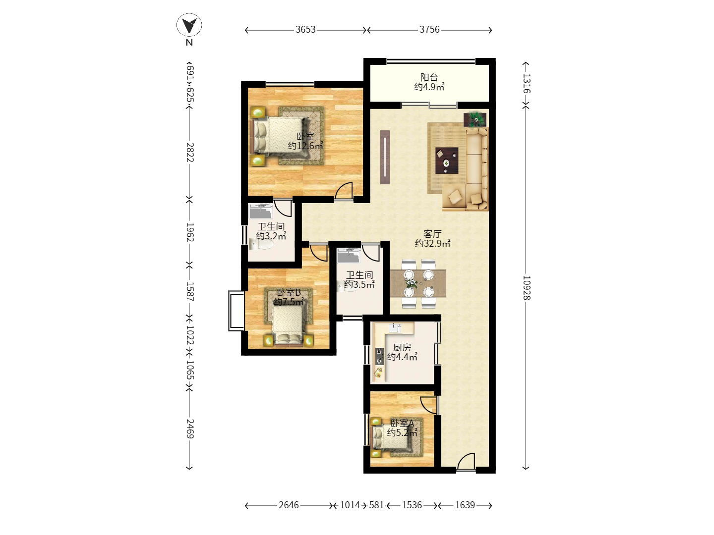 枫华府第 3室2厅1卫 2100.0元/月 枫华府第 3室2厅1卫 2100.0元/月户型图