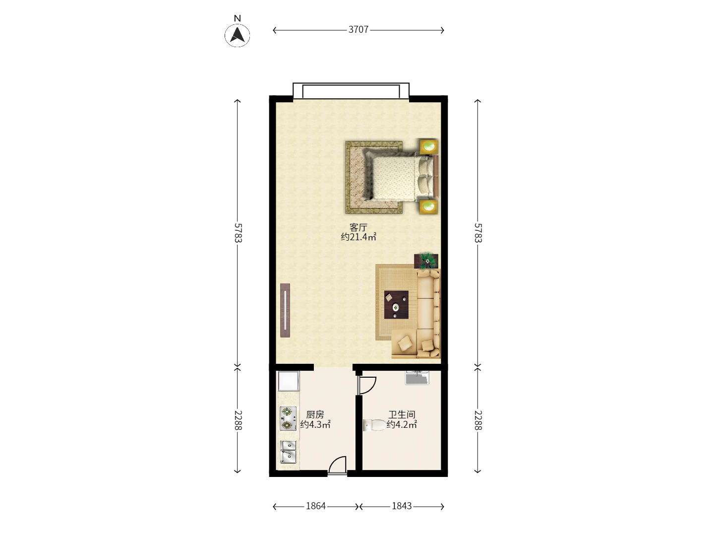 山与墅 1室1厅1卫 1400.0元/月 山与墅 1室1厅1卫 1400.0元/月户型图