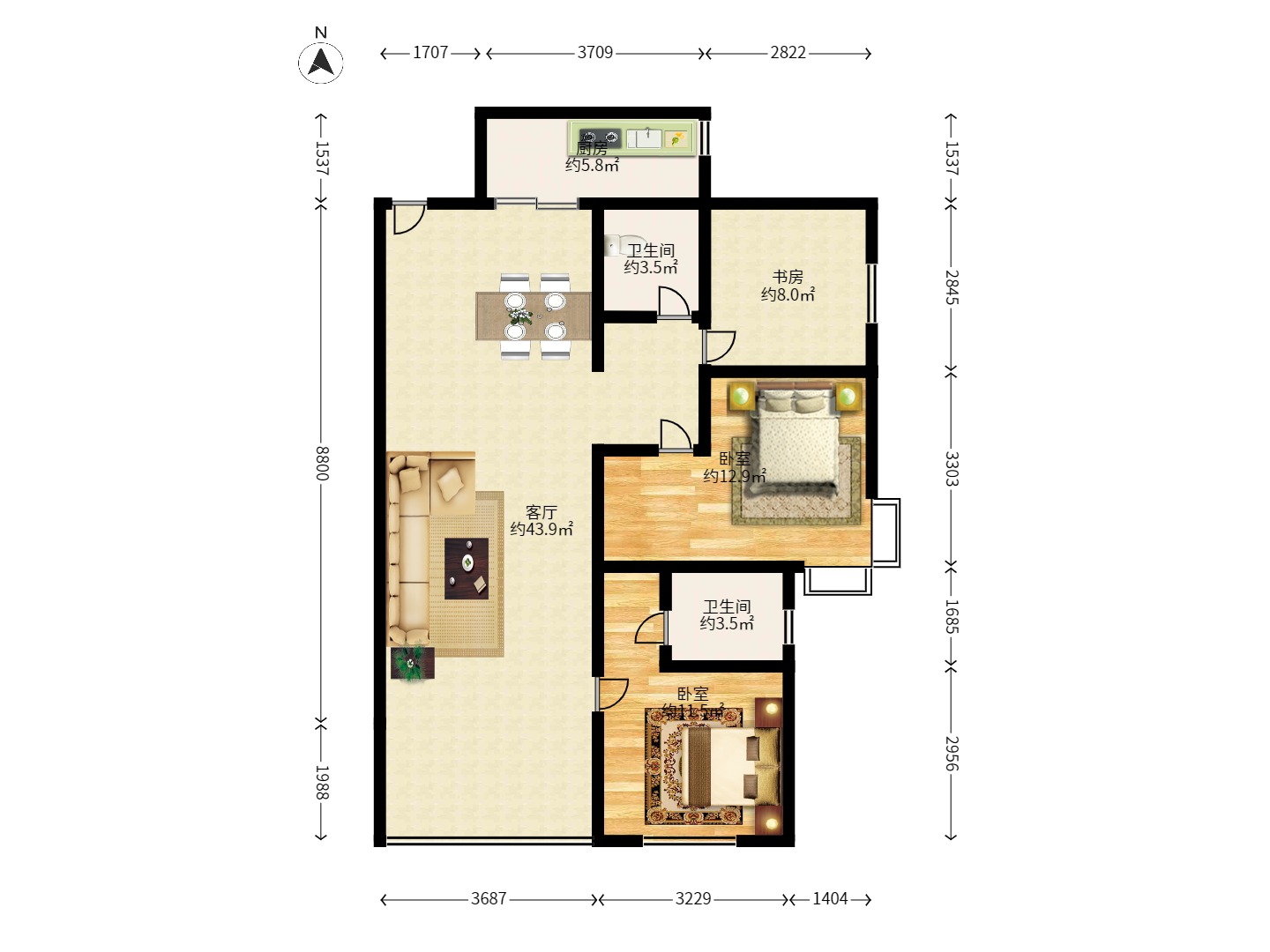中建梅溪湖中心  3室2厅2卫    3200.0元/月室内图1