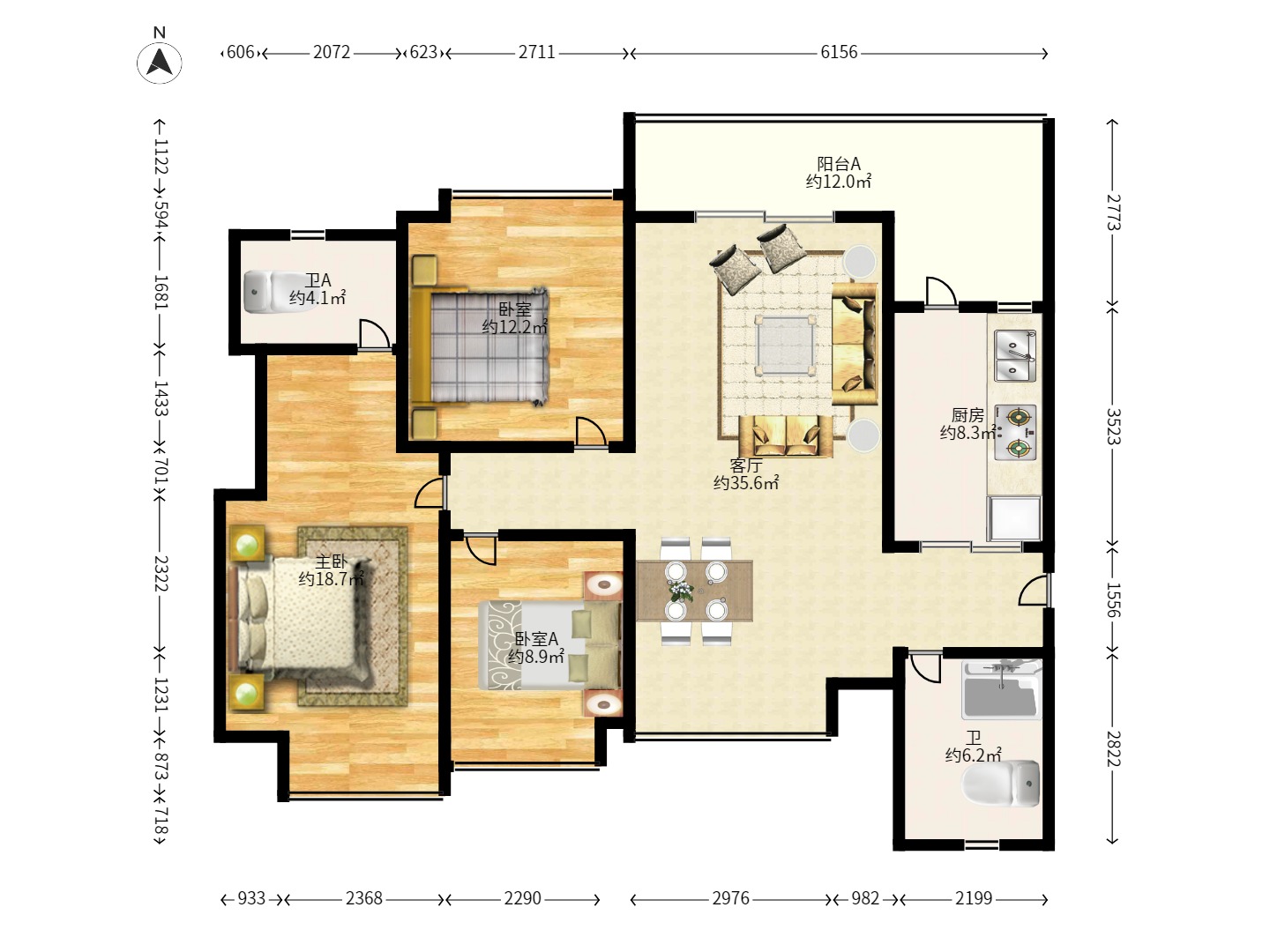 恒大雅苑 3室2厅2卫 2700.0元/月 恒大雅苑 3室2厅2卫 2700.0元/月户型图