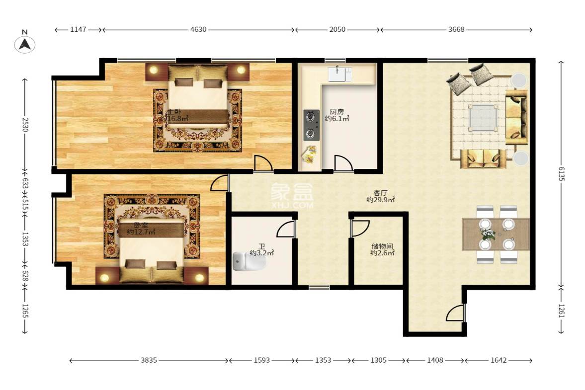 华远国际公寓  2室1厅1卫   8500.00元/月户型图