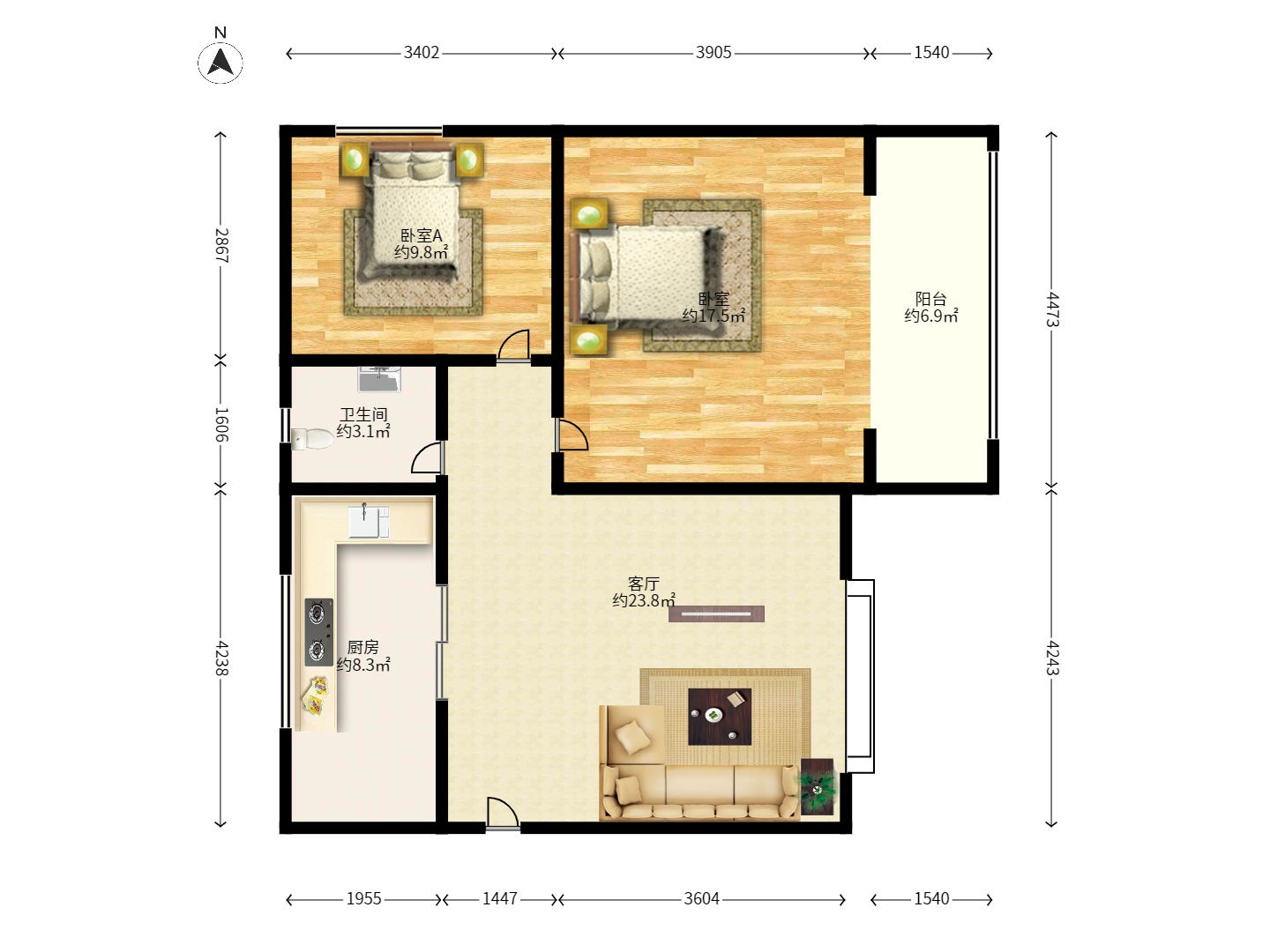 领秀星城(领秀新城) 2室1厅1卫 1600.0元/月 领秀星城(领秀新城) 2室1厅1卫 1600.0元/月户型图