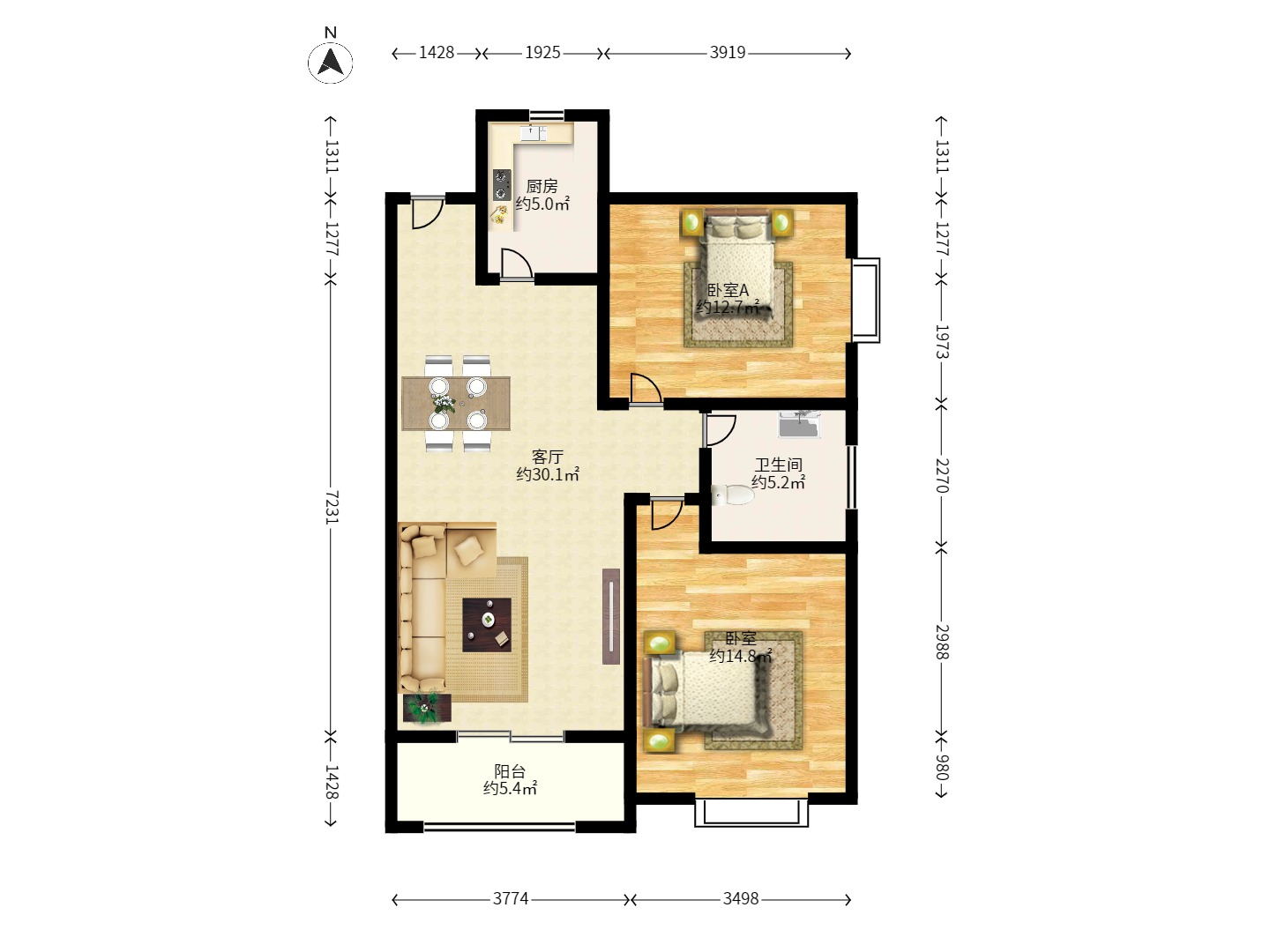 恒广国际景园一二区 2室2厅1卫 1800.0元/月 恒广国际景园一二区 2室2厅1卫 1800.0元/月户型图
