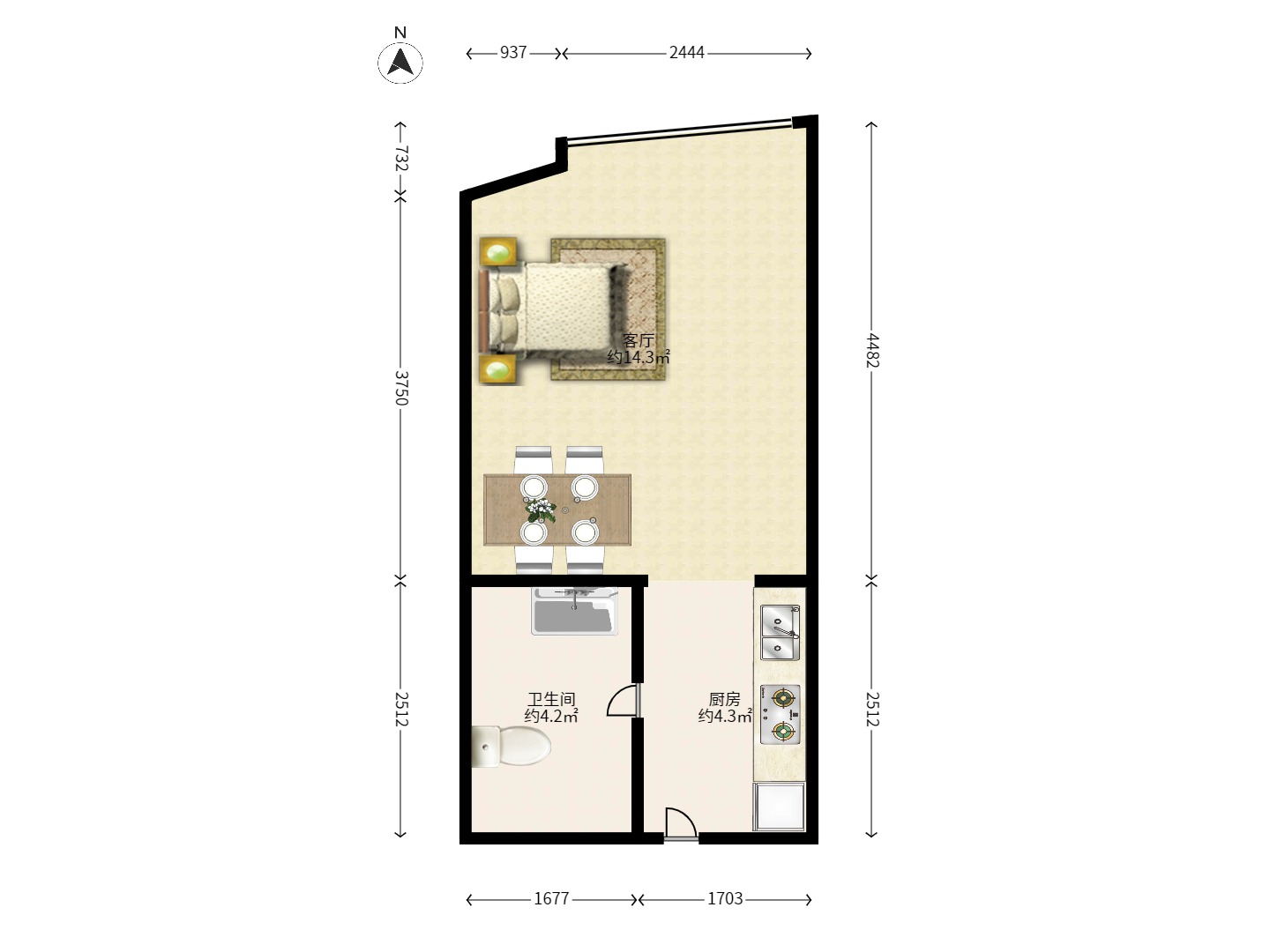 融科东南海  1室1厅1卫   1300.00元/月户型图
