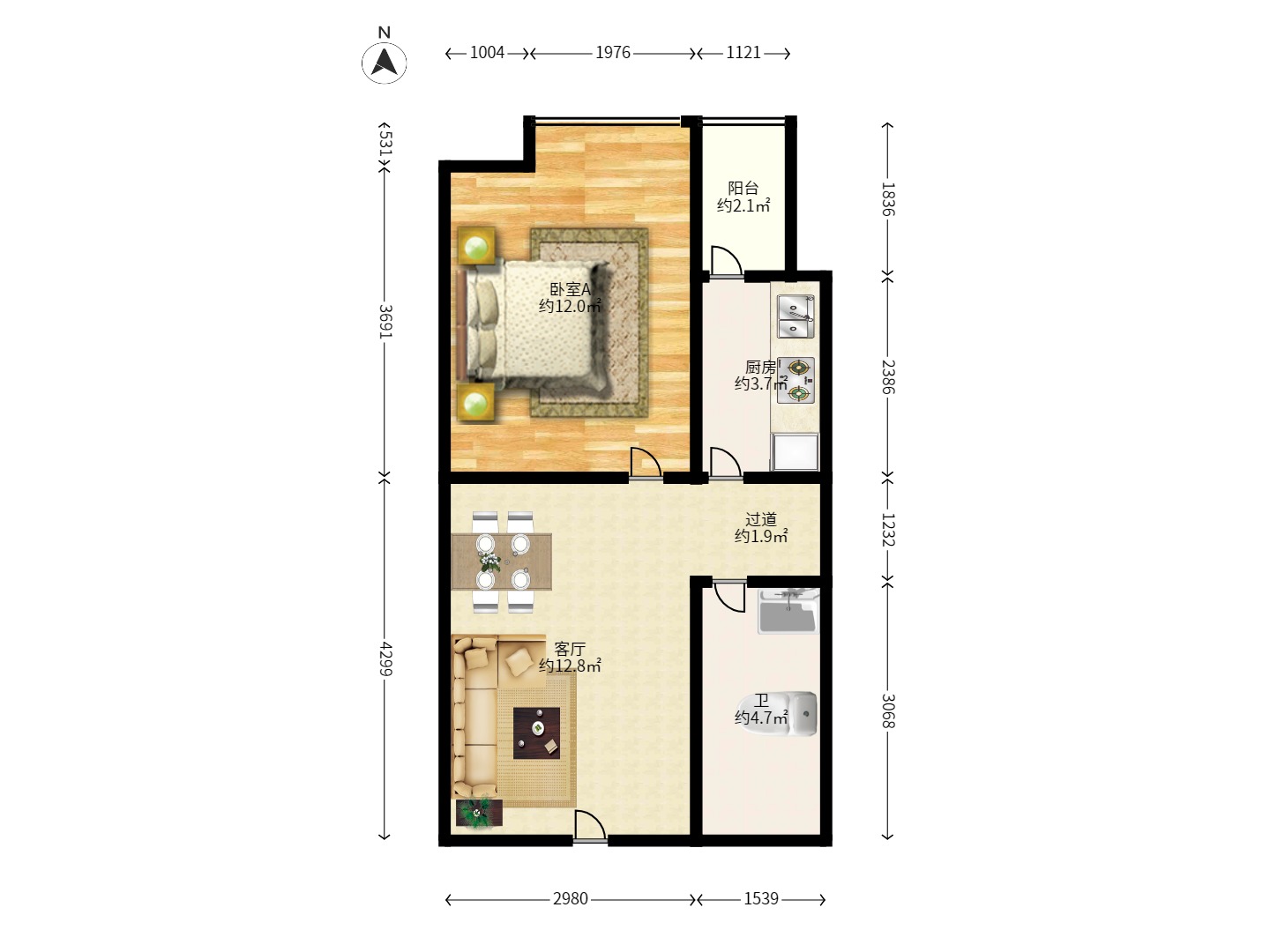 北辰三角洲E3区 1室1厅1卫 2500.0元/月 北辰三角洲E3区 1室1厅1卫 2500.0元/月户型图